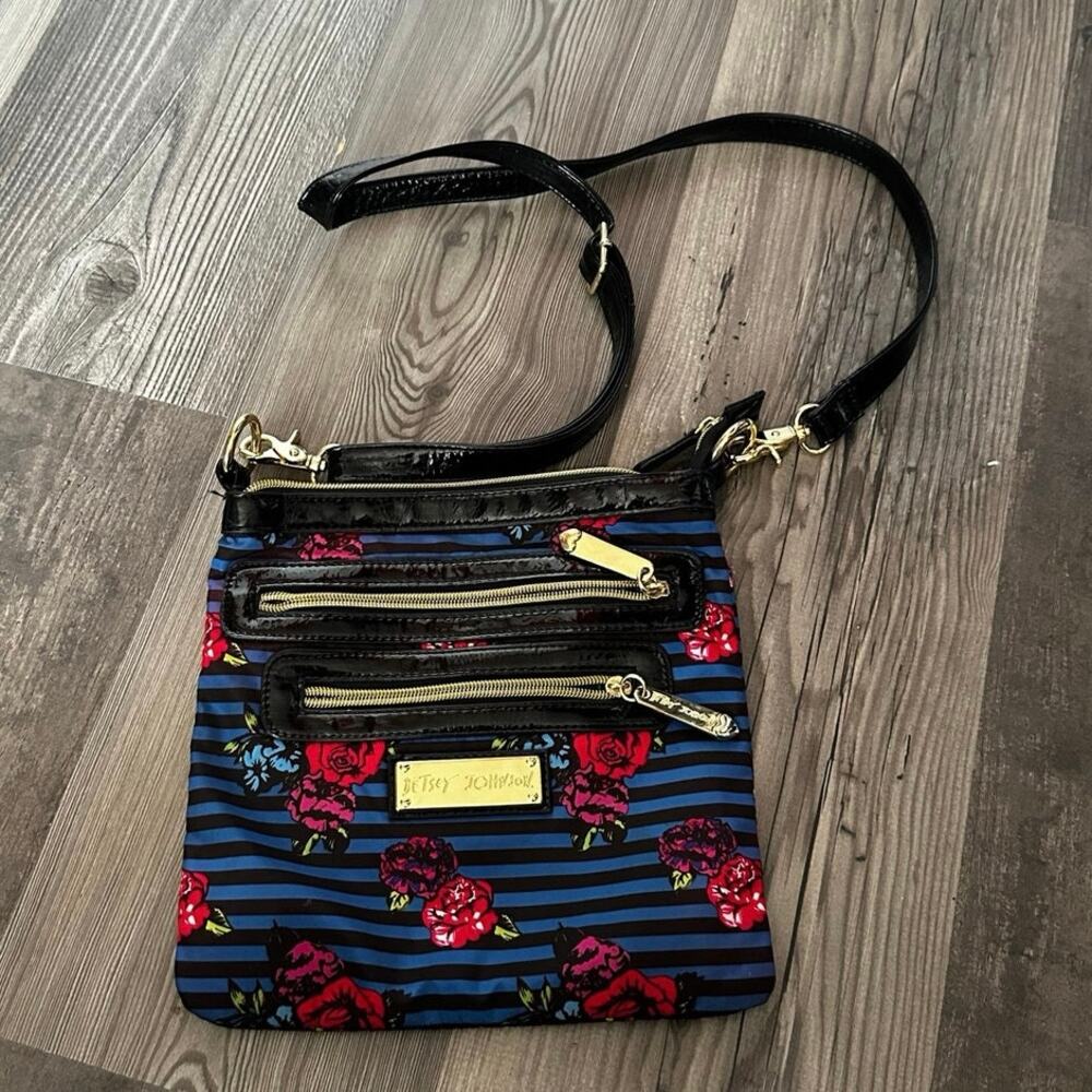 Betsey Johnson black blue striped satchel bag purse